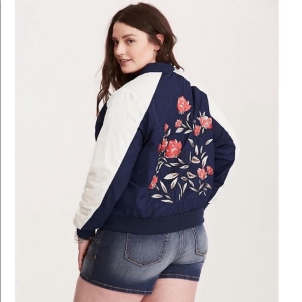 Torrid satin plus size  floral blue bomber jacket
